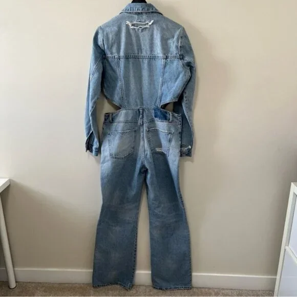 BLOGGERS FAV ZARA LIMITED EDITION CUT OUT SIDE DISTRESSED DENIM JUMPSUIT Size L - Picture 6 of 15